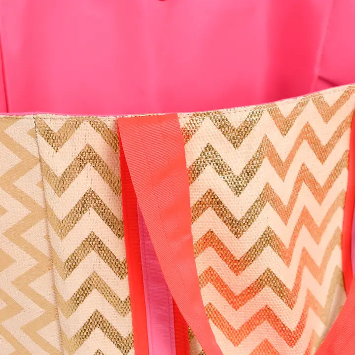 Zig Zag Beach Bag with Pink Straps