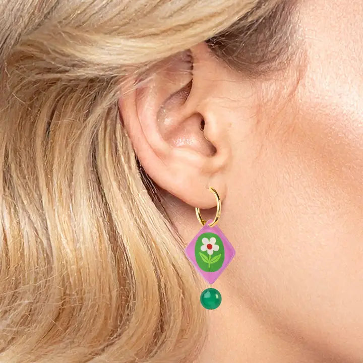 Floral Diamond charm Hoop Earrings - Pink