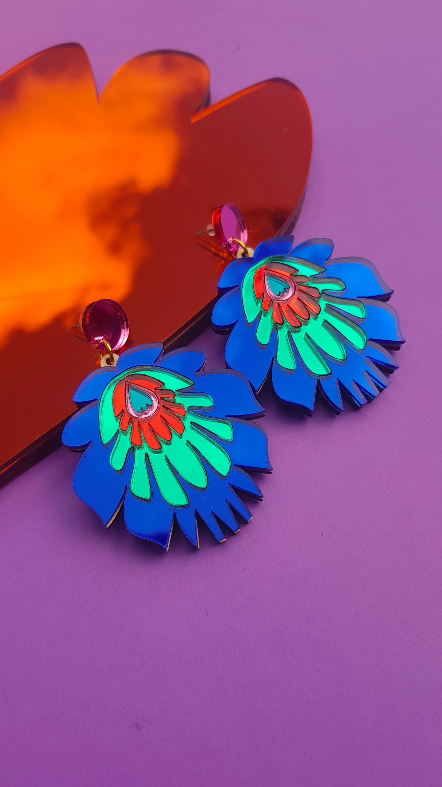 Folk Flower Statement Earrings - dark blue/green