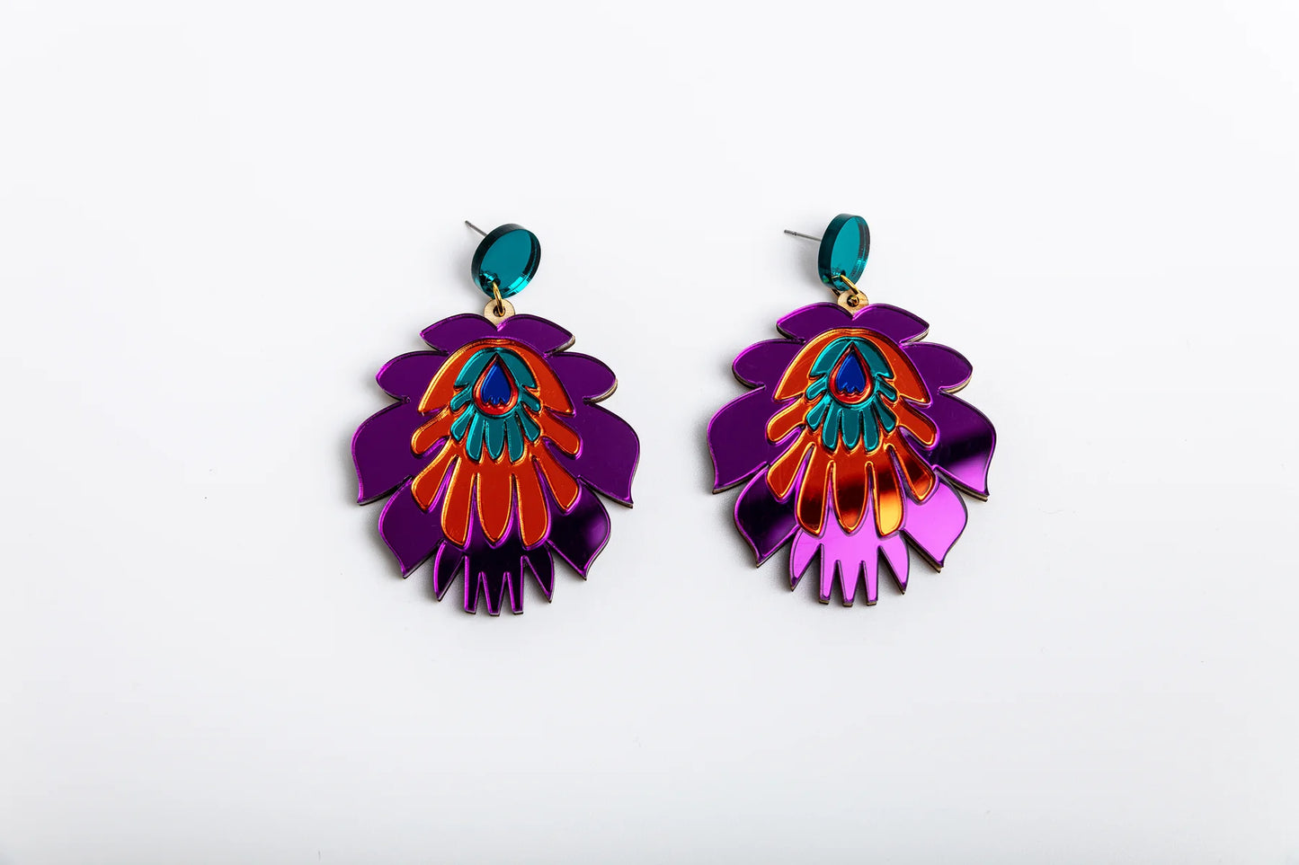 Folk Flower Statement Earrings - purple/orange
