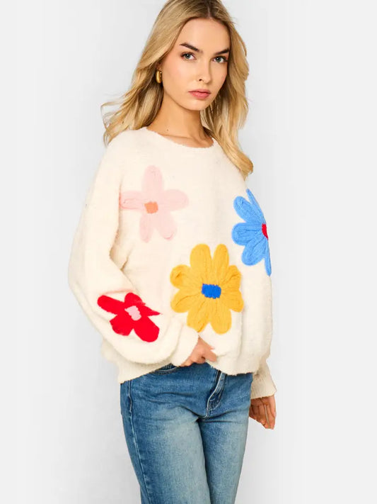 Cream Flower Crochet Knitted Jumper
