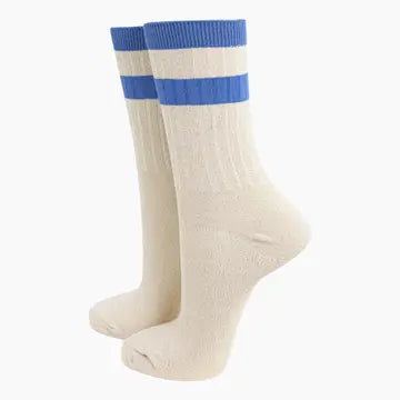 Blue/Cream Striped Cuff Ribbed Glitter Socks
