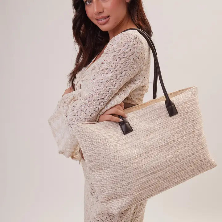 Oversized Woven Beach Tote Bag in Cream