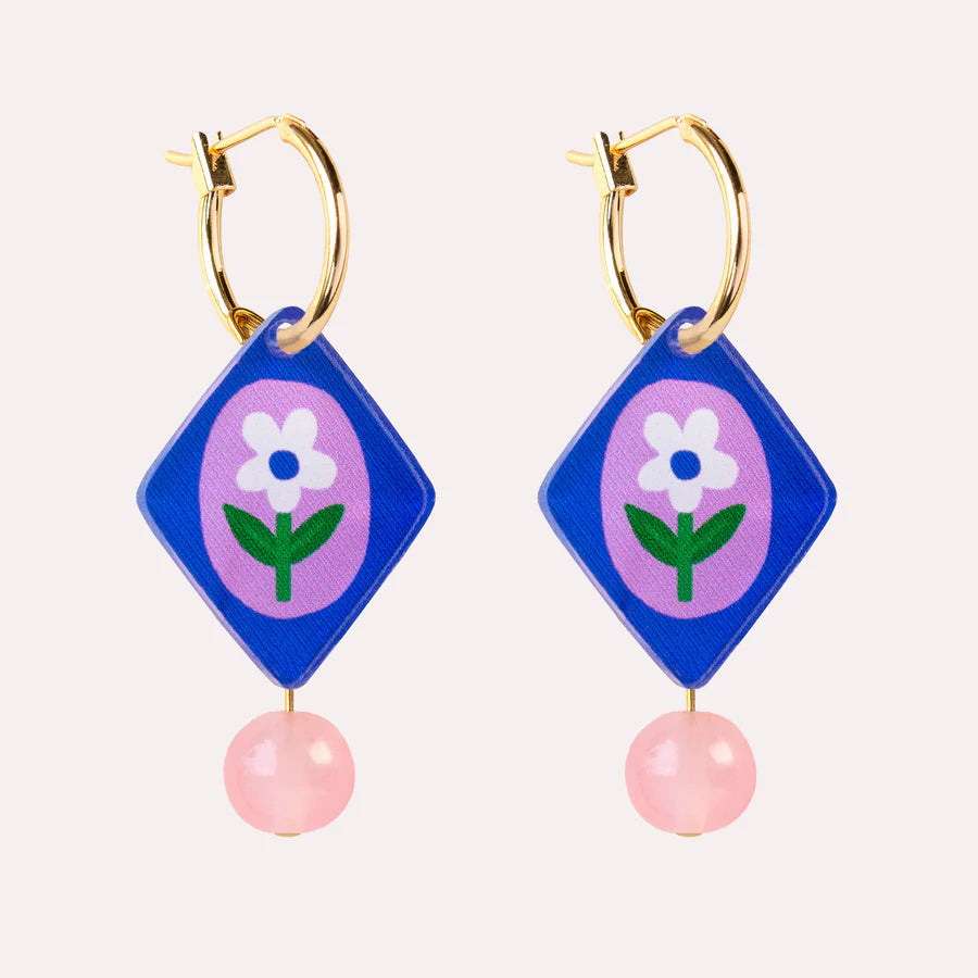 Floral Diamond Charm Hoop Earrings - Blue & Lilac
