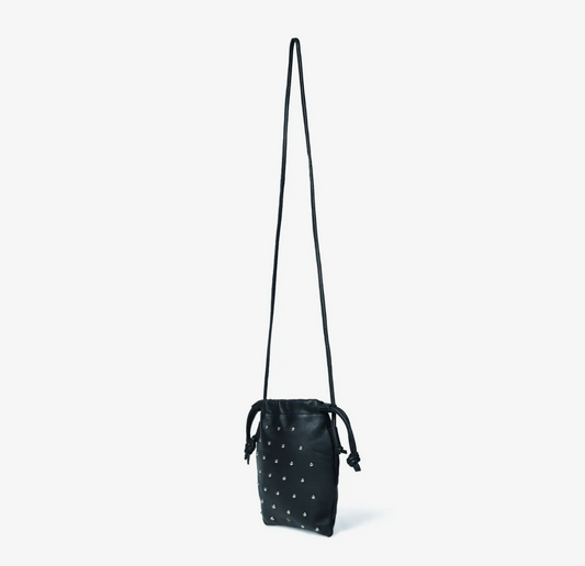Willow Stud Drawstring Crossbody Bag - Black Leather with Silver Studs