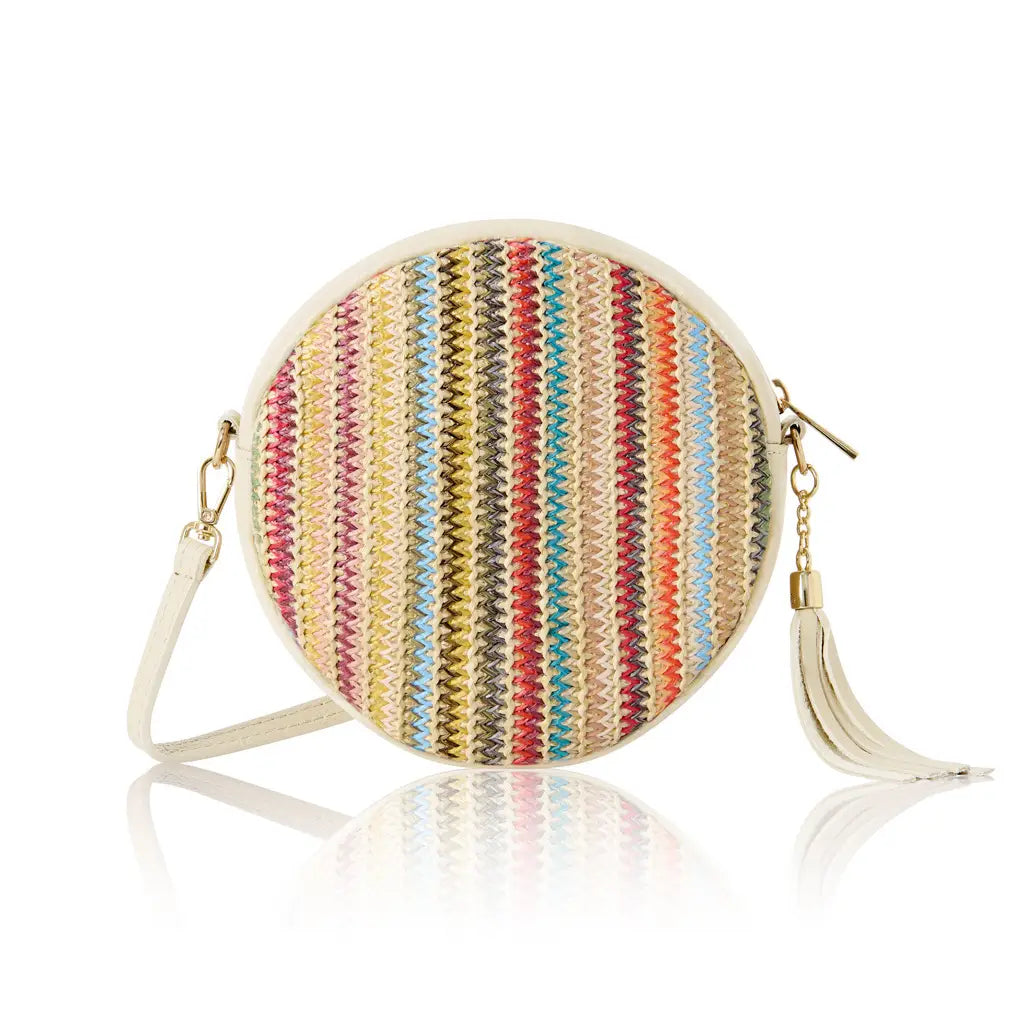 Italian Genuine Leather & Raffia Round Crossbody B