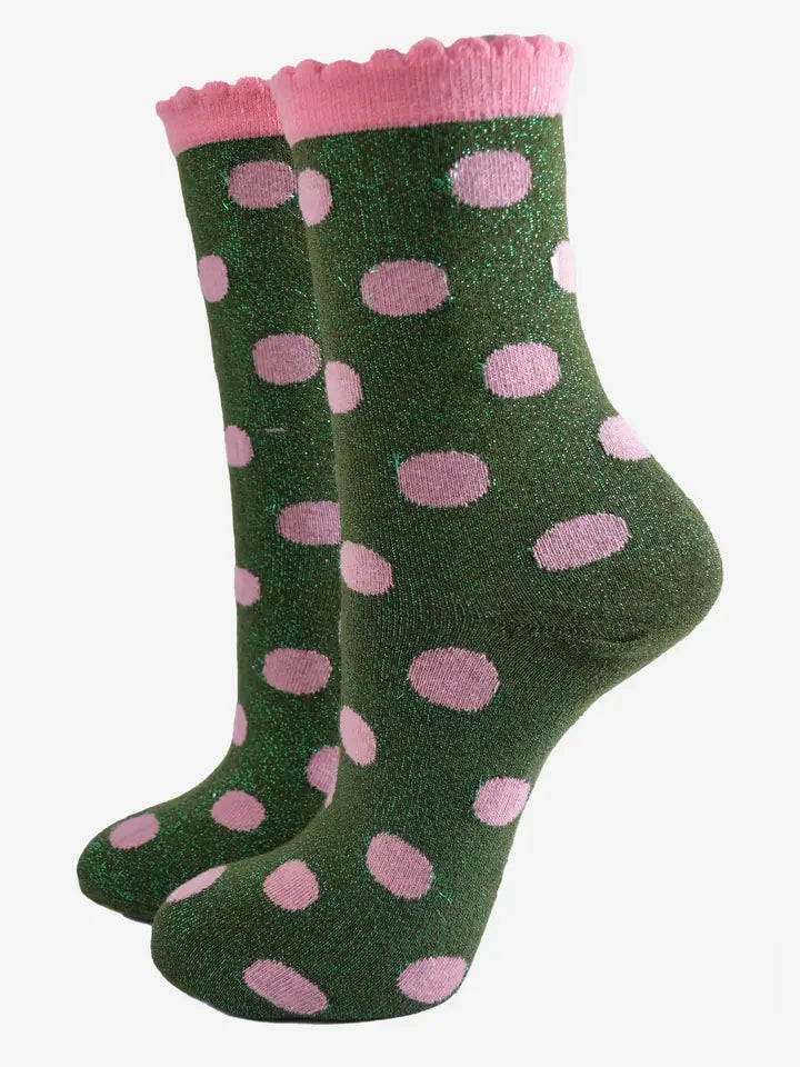 Khaki/Light Pink Polka Dots Glitter Socks
