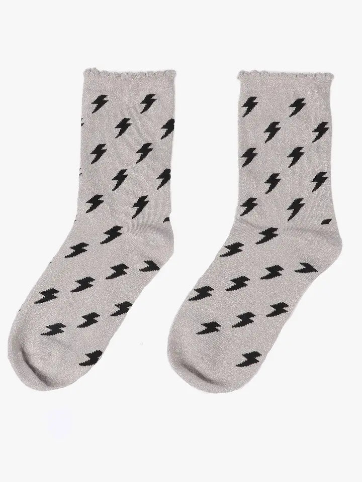 Lightning Bolt Glitter Socks - Grey/Black
