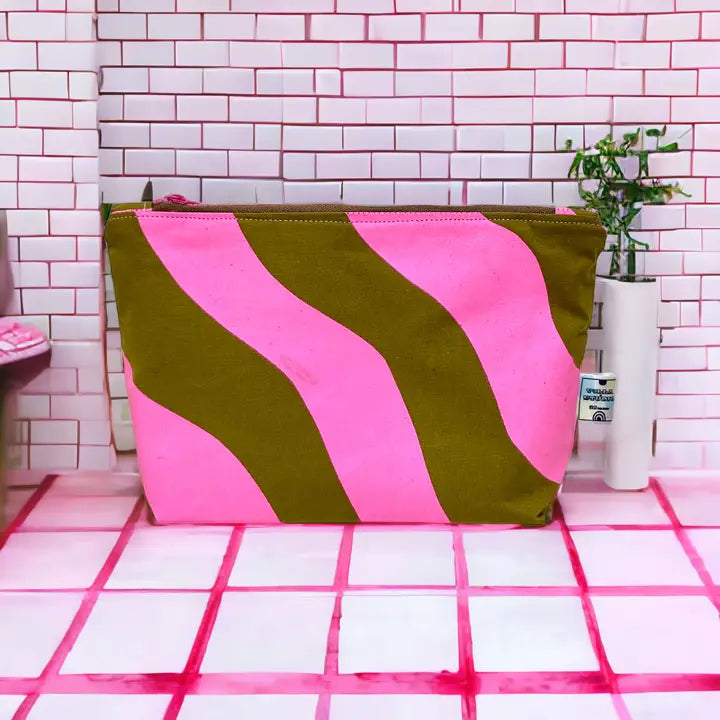 Handprinted Cosmetic Bag Pink and Green Waves - Small