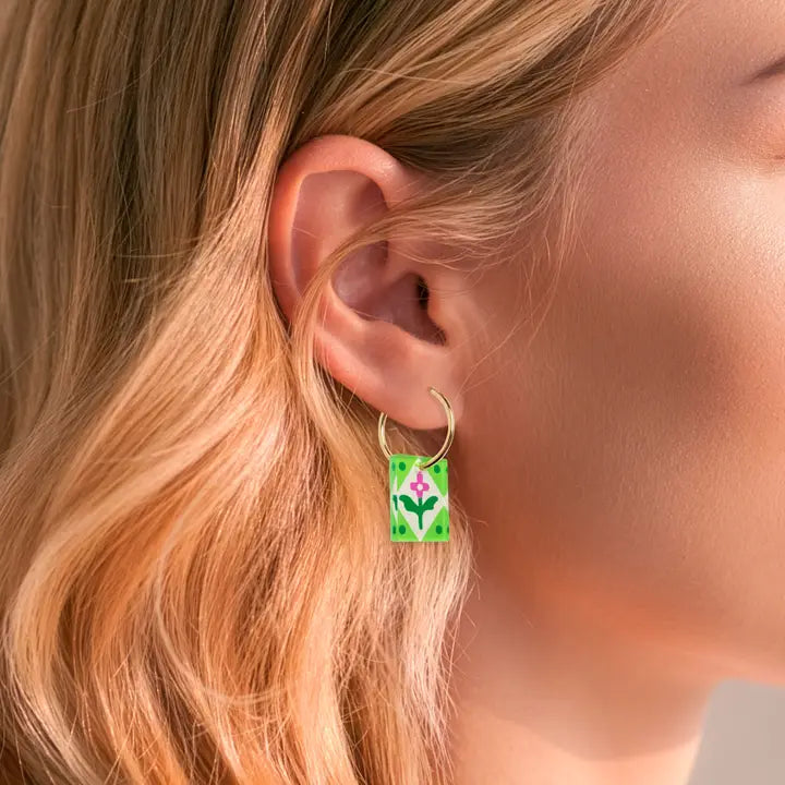 Charm Hoop Floral Earrings - Green