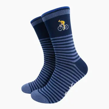 Embroidered Cyclist Striped Combed Cotton Socks in Blue