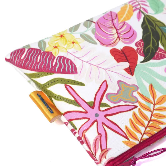 White Tropical Vegan Leather Makeup Bag