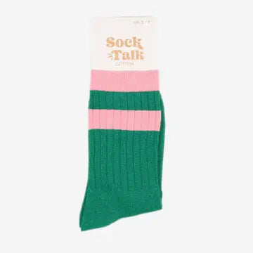 Green/Pink Striped Cuff Sporty Glitter Socks