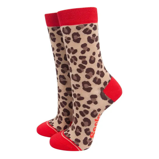 Beige/Red Leopard Bamboo Socks