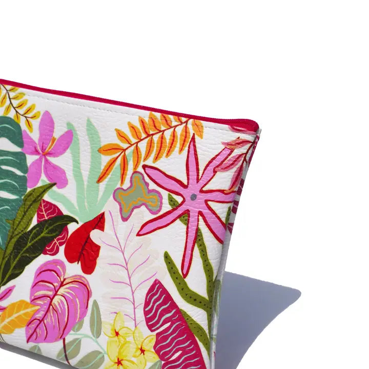 White Tropical Vegan Leather Makeup Bag