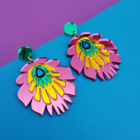 Folk Flower Statement Earrings - pink/yellow