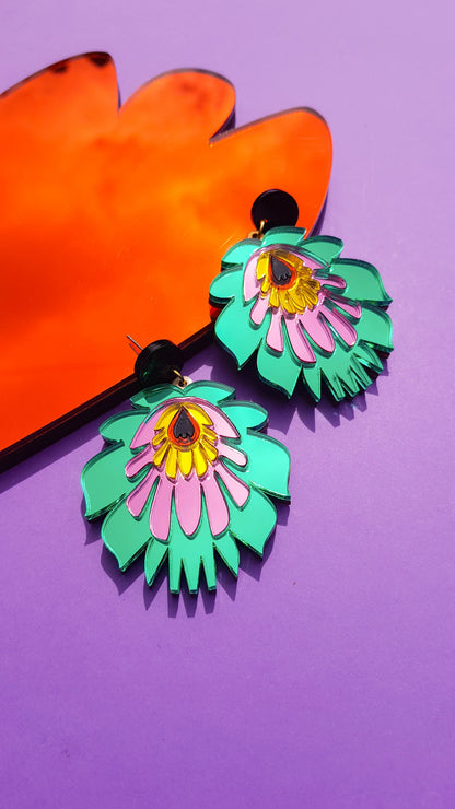 Folk Flower Statement Earrings - green/pink