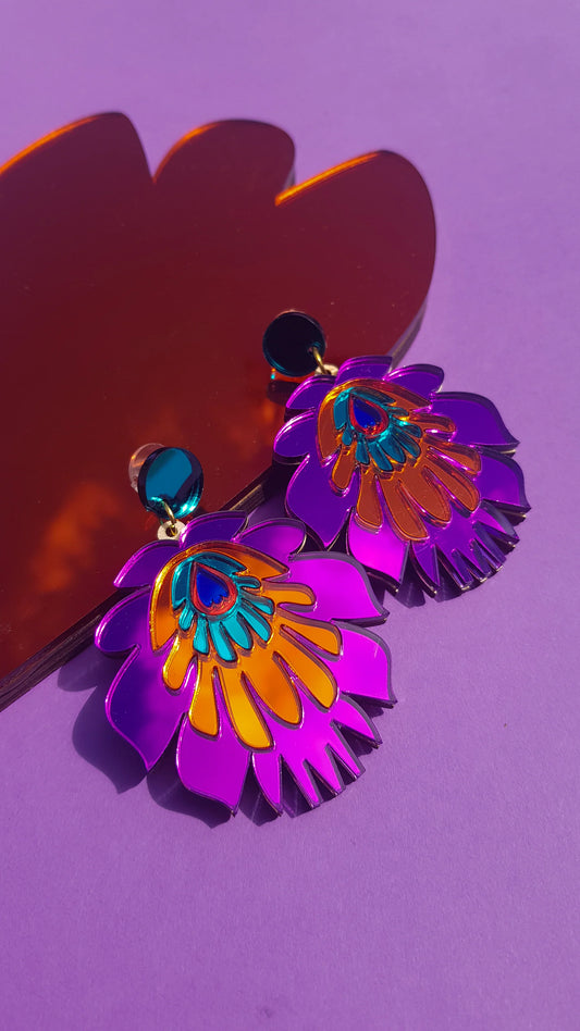 Folk Flower Statement Earrings - purple/orange