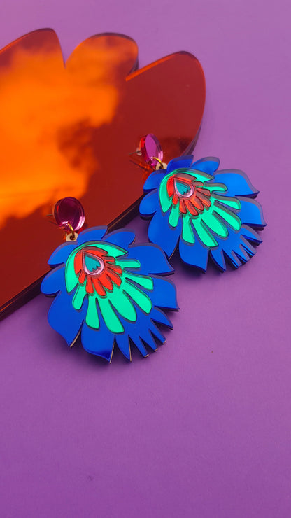 Folk Flower Statement Earrings - dark blue/green