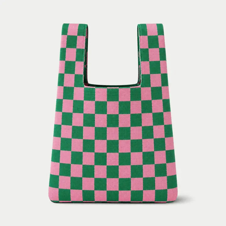 Bold Checker – Pink & Green Knitted Bag Medium