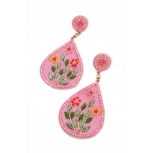 Pink Embroidery Folk Floral Earrings