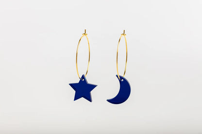 Mini Moon and Star hoop earrings - Blue