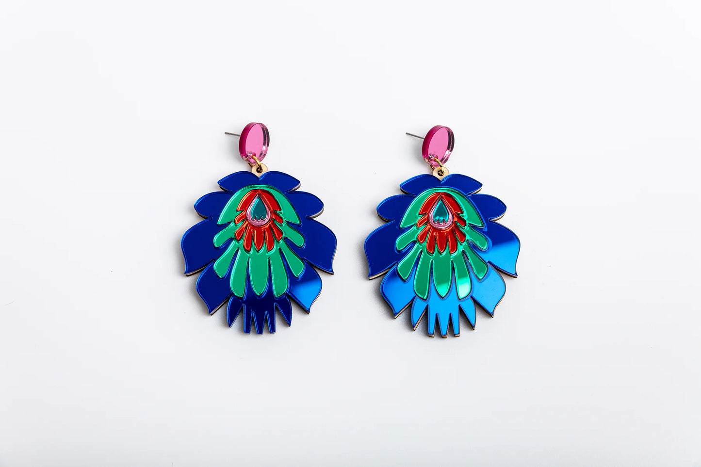 Folk Flower Statement Earrings - dark blue/green