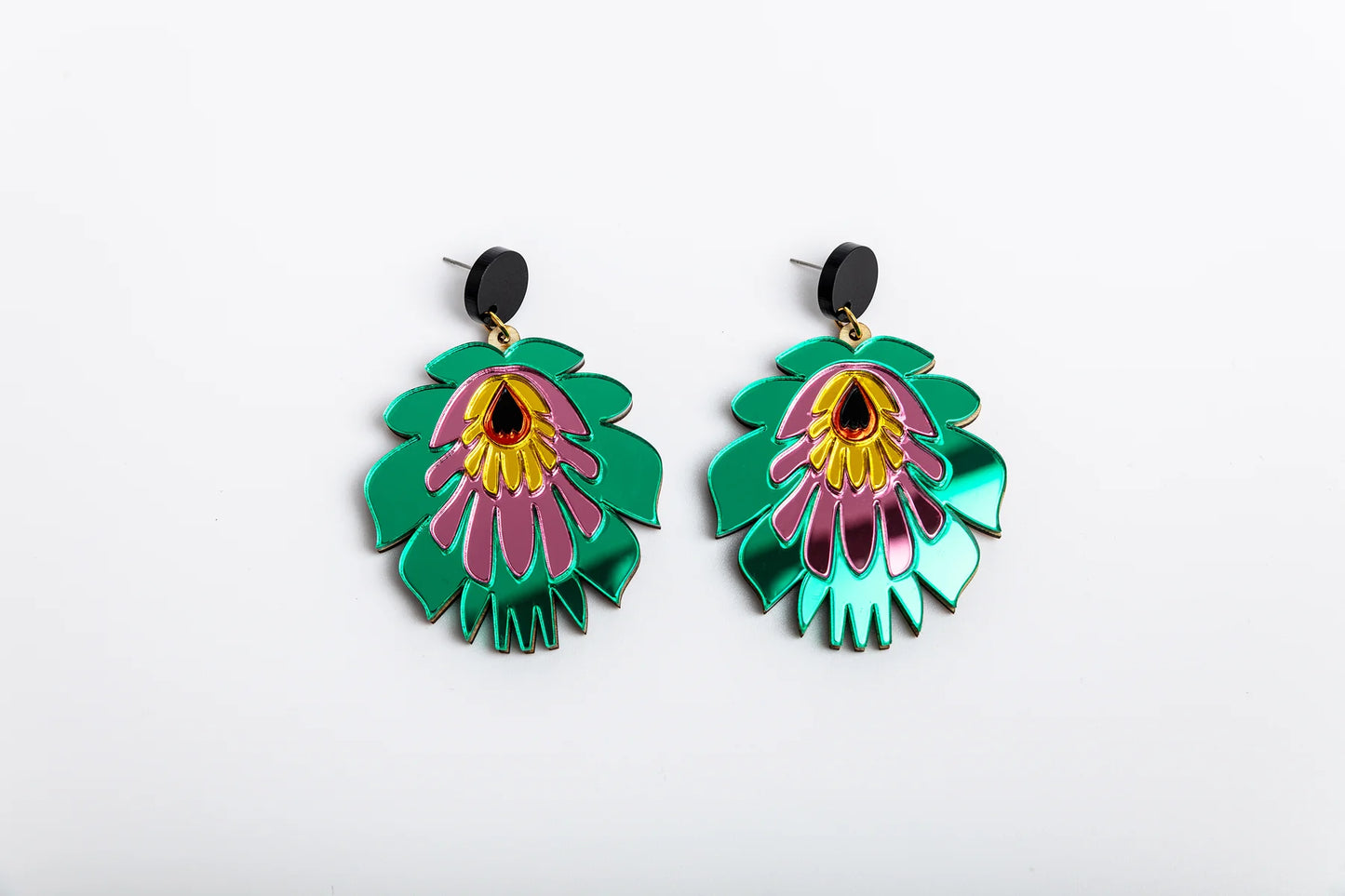 Folk Flower Statement Earrings - green/pink