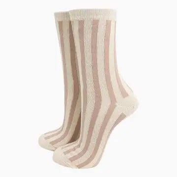 Cream /Gold Vertical Stripe Cotton Glitter Socks