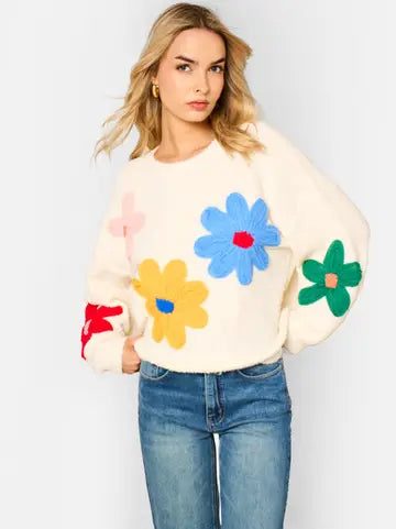 Cream Flower Crochet Knitted Jumper