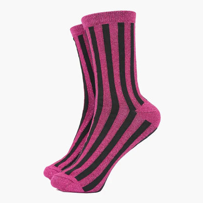 Berry Vertical Stripe Glitter Socks