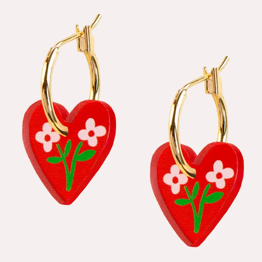Pink Red Floral Heart Charm Hoop Earring