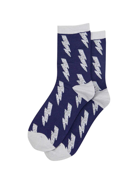 Lightning Bolt Bamboo Socks - Navy Blue