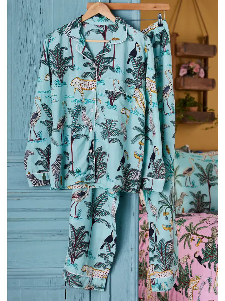 Jungle Print Long Pyjamas - Light Blue