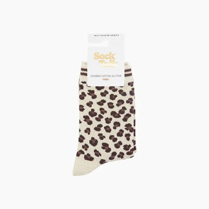 Leopard Print Combed Cotton Glitter Socks in cream