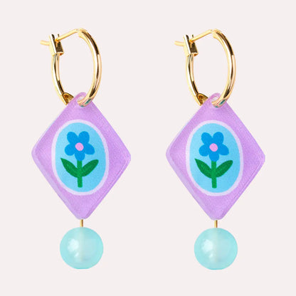 Floral Diamond Charm Hoop Earrings - Lilac & Blue