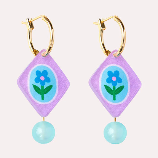 Floral Diamond Charm Hoop Earrings - Lilac & Blue