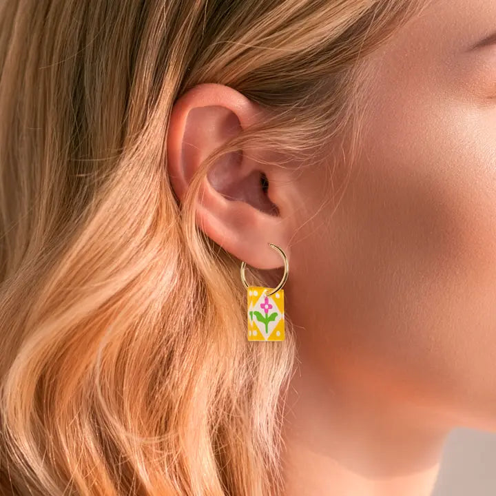 Charm Hoop Floral Earrings - Yellow