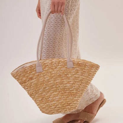 Straw Beach Basket Bag with Suede Handles in Natural