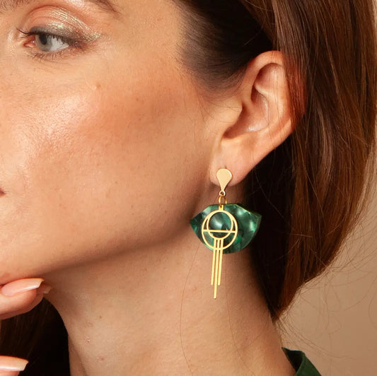 Deco Circle Green Fan Gold Plated Drop Earrings