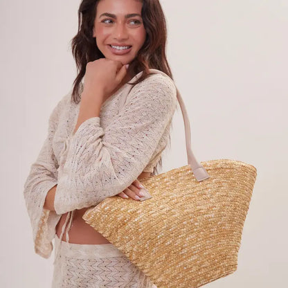 Straw Beach Basket Bag with Suede Handles in Natural