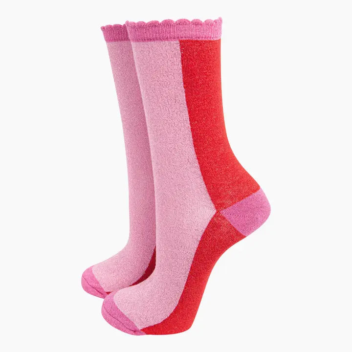 Pink/Red Colour Block Glitter Socks