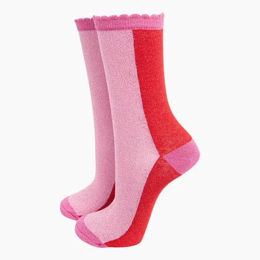 Pink/Red Colour Block Glitter Socks