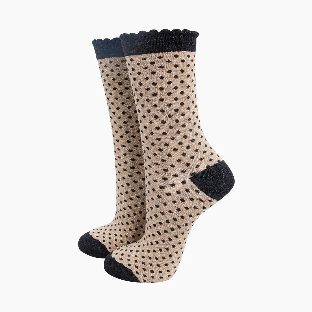 Polka Dots Combed Cotton Glitter Socks in Black/Gold