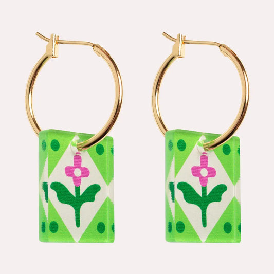 Charm Hoop Floral Earrings - Green