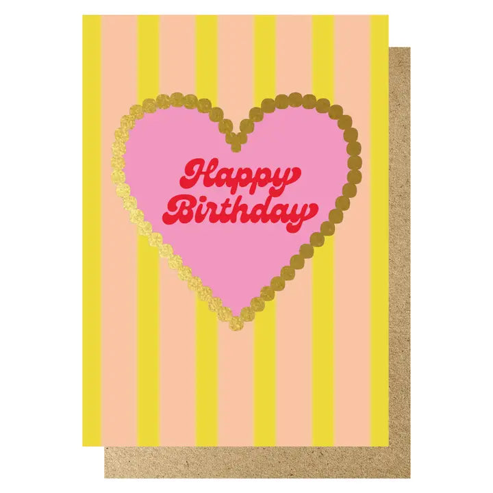 Happy Birthday Peach & Yellow Stripe Gold Heart Ca