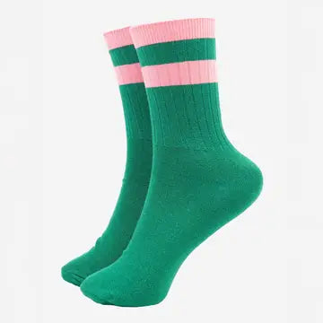 Green/Pink Striped Cuff Sporty Glitter Socks