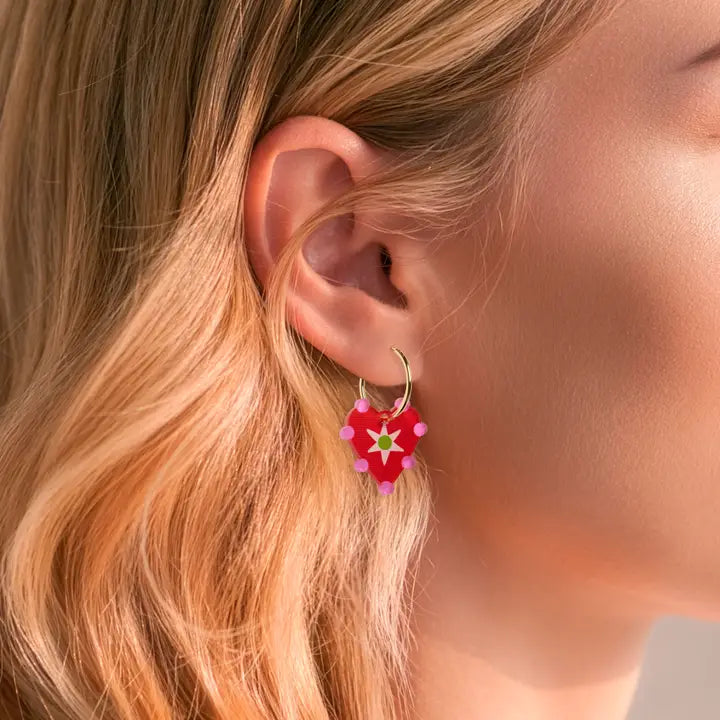 Red Heart Charm Hoop Earring