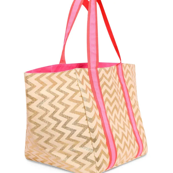 Zig Zag Beach Bag with Pink Straps