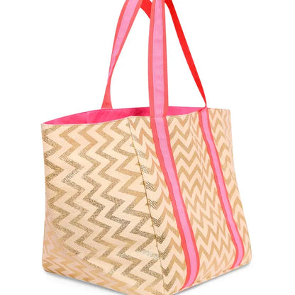 Zig Zag Beach Bag with Pink Straps